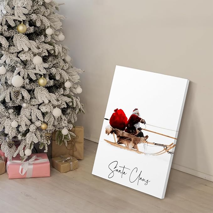 Framed Christmas Wall Art Set of 3,Santa Claus with Sleigh Canvas Art Prints,Christmas Wall Decor Living Room,Vintage Christmas Decor Santa Claus is Coming to Town Winter Wall Art Xmas Sign for Home Bedroom Bathroom Decoration,12"x16"