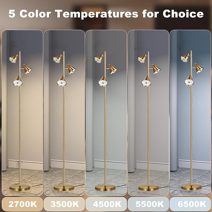 Tree Floor Lamp with Remote, Dimmable 3 Rotatable LED Lights, 5 Color Temps (2700K-6500K), Works with Smart Plugs, 63" Modern Standing Lamp for Living Room, Bedroom, Office – Bronze