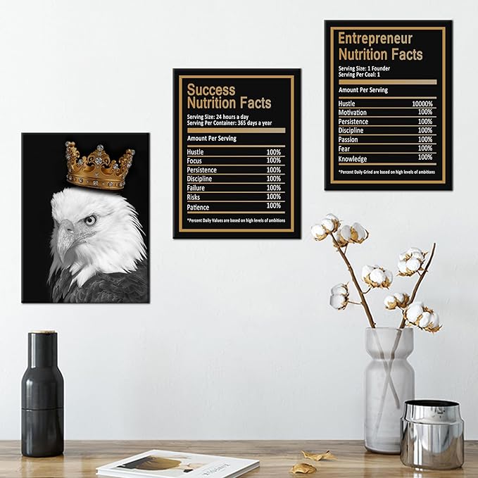 Inspirational Canvas Wall Art Home Decor 3 Piece Poster Print Eagle Success Nutrition Facts Motivational Quotes Painting Artwork for Home Bedroom Bathroom Wall Picture Ready to Hang [36''W x 16''H]