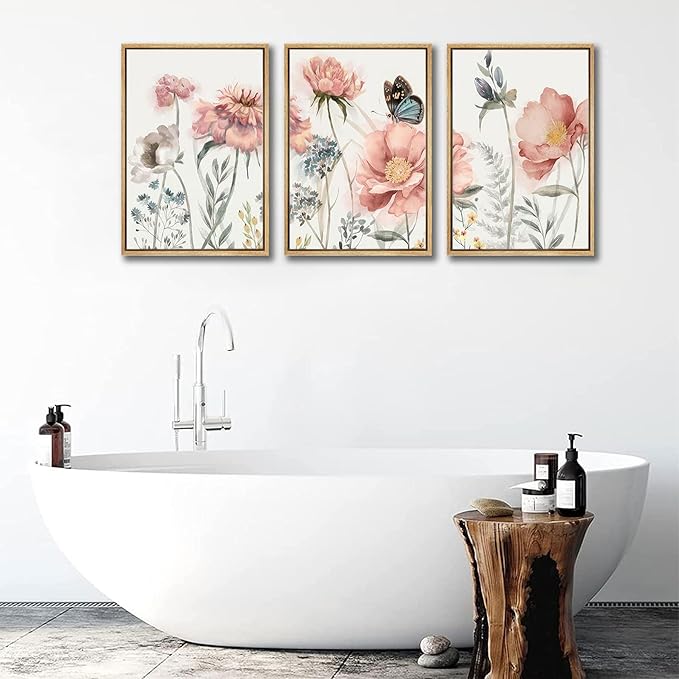 3pcs Pink Peony Floral Canvas Wall Art Butterfly Blossom Posters Prints Watercolor Bouquet Wall Decor Pictures For Living Room Classroom Bedroom Decoration Unframed