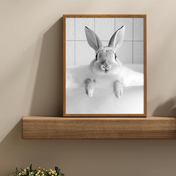 uniro Bunny Black and White Photography, Funny Rabbit Bath Teeth, Bathroom Wall Art Whimsical Farmhouse Decor Cute Bunny Animal Canvas Print Painting, Modern Bathroom Signs Wall Art Poster for Bathroom Decor( 8" x 10"-UNFRAMED)
