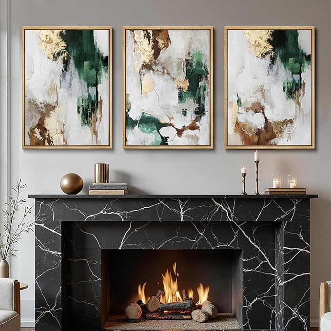3Pcs Green and Gold Canvas Wall Art Abstract Posters Print Brown and Gray Line Pictures Decor for Living Room Bedroom Bathroom Home Decoration Unframed