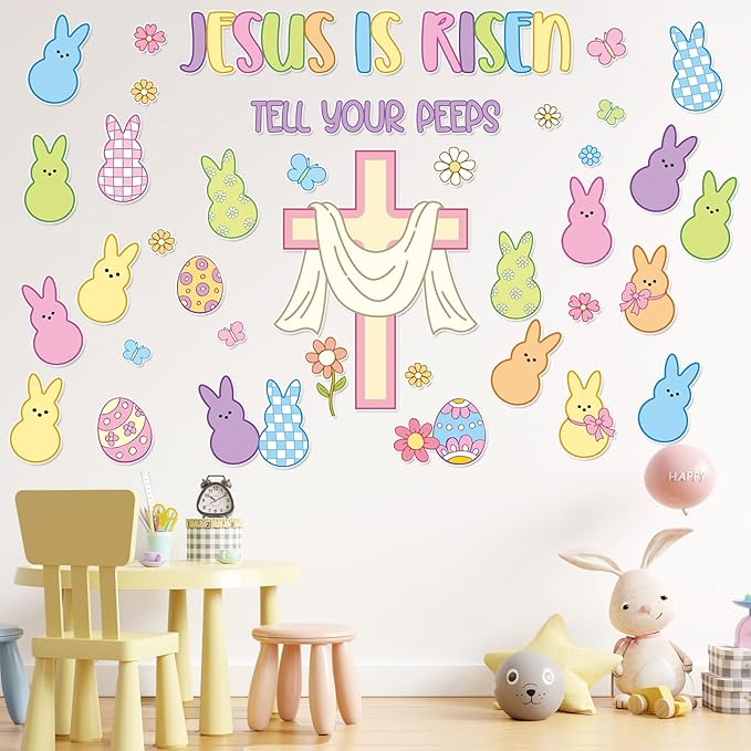 Easter Jesus Bulletin Board Set Easter Egg Bunnies Religion Cross Classroom Decoration Jesus is Risen Bulletin Board Candy Rabbit Flower Spring Cutouts for Sunday School Church Chalkboard Wall Decor