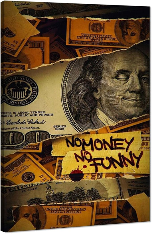 Modern Home Decor Money Canvas Paintings Franklin Dollar Bill Wall Art Inspirational Funny Humor Artwork No Money No Funny Wall Picture Framed Easy to Hang-24x36 inch