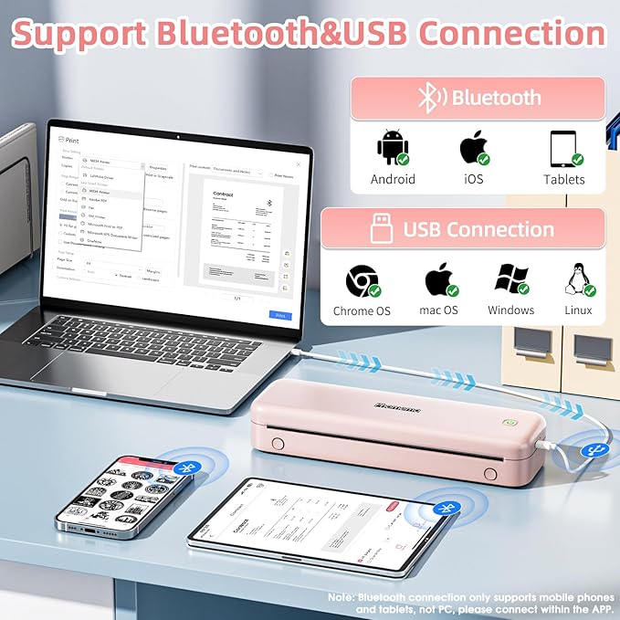 Phomemo M834 Portable Printer, Wireless Bluetooth Thermal Printer, Support 8.5" x 11" and A4 Szie Thermal Paper, Compatible with iOS, Android & PC, Mobile Printers for Travel, Office, School, Pink