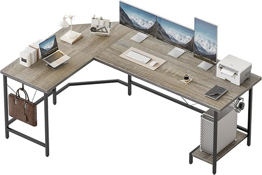 Mericonia 59 inch Large L Shaped Desk, Simple Corner Gaming Desk with CPU Stand & Hooks, Computer Desk for Home, Bedroom & Office Workspace, Grey