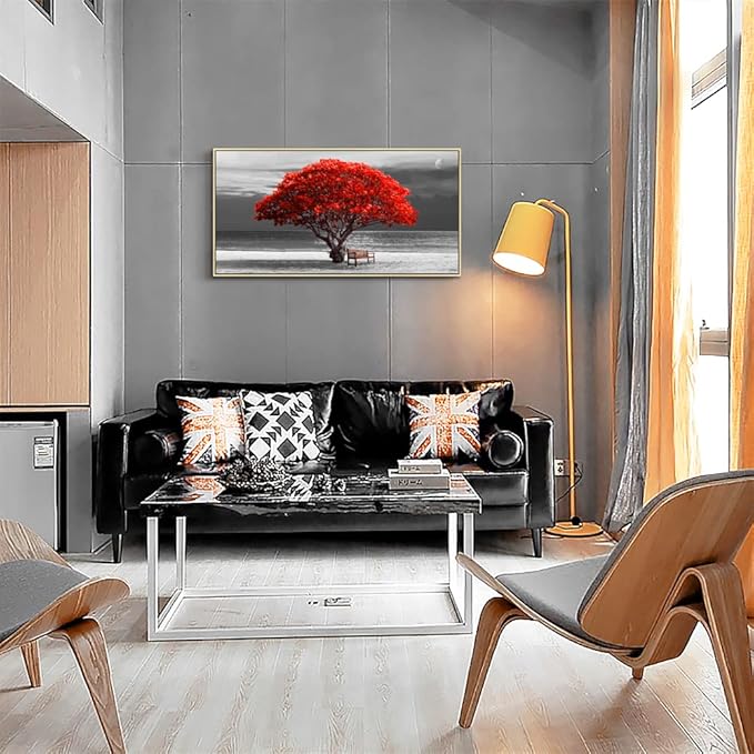 Framed Canvas Wall Art For Living Room Large Size Wall Decor For Bedroom Black White With Beach Wall Painting Moon Red Trees Canvas Pictures Artwork Boho Home Decorations Natural Wood Framed 24" X 48"