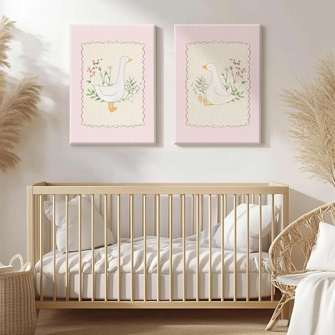 Vintage Nursery Wall Art Silly Goose Canvas Poster Pink Coquette Wall Decor Girls Room Pictures Baby Kids Poster Cute Animal Prints Floral Painting Artwork for Gallery Bedroom 16x24 Inch Ready to Hang