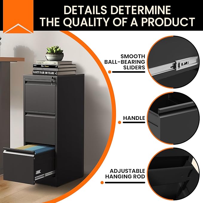 3 Drawer File Cabinet with Lock, Metal Filing Cabinet for Home Office, Vertical File Cabinet for Letter/Legal/A4/F4 Documents, Easy to Assemble Steel Storage Cabinet
