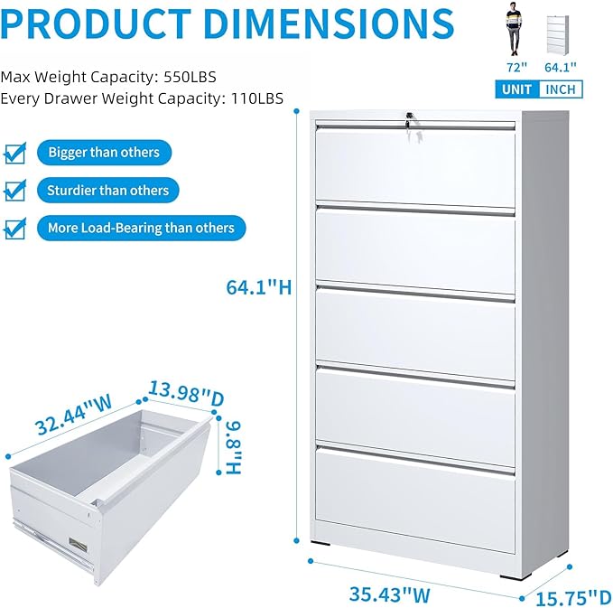 5 Drawer Lateral File Cabinet with Lock, Metal Lateral Filing Cabinet for Home Office, Steel Wide Horizontal Filing Cabinets for Letter/Legal/A4/F4 Hanging Files (White)