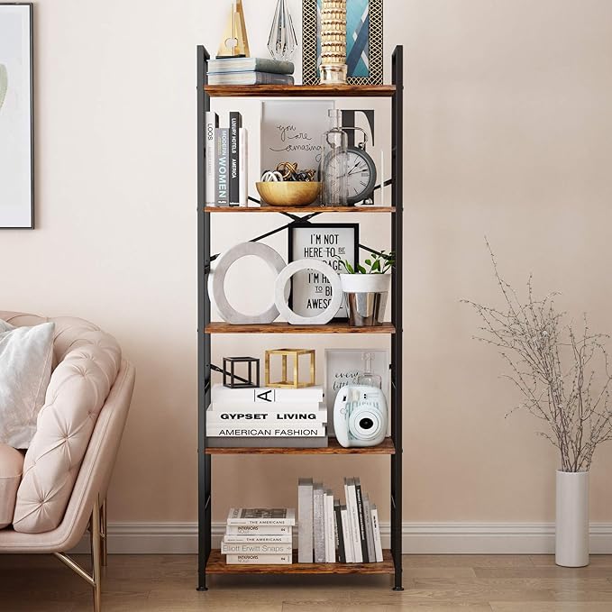 5-Tier Tall Bookcase, Rustic Wood and Metal Standing Bookshelf, Industrial Vintage Book Shelf Unit, Open Back Modern Office Bookcases