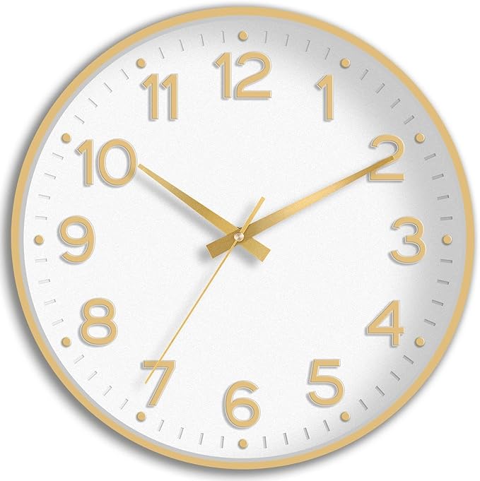 Wall Clock 12 Inch Silent Wall Clocks Battery Operated-Modern Non Ticking Analog Clock Decorative for Kitchen Bedroom Office (White Gold)