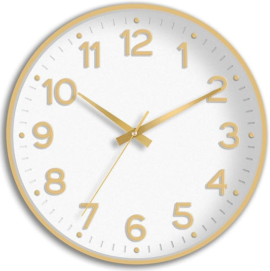 Wall Clock 12 Inch Silent Wall Clocks Battery Operated-Modern Non Ticking Analog Clock Decorative for Kitchen Bedroom Office (White Gold)