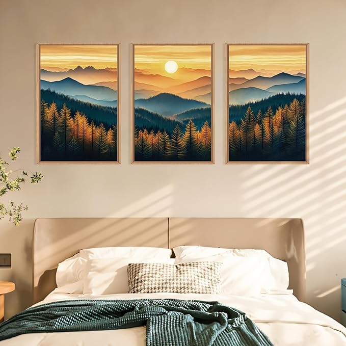 Large Boho Sunrise Mountain Framed Canvas Wall Art,Abstract Nature Forest Wall Decor,Foggy Pine Tree Painting,Retro Landscape Artwork for Living Room,Bedroom,Dining Room,Office -24"x36"x3