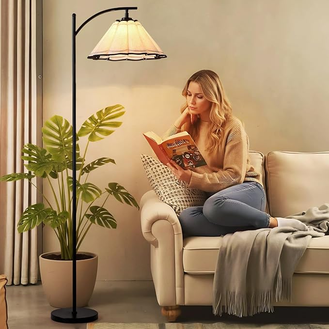 Floor Lamp with Pleated Linen Lampshade, Modern Flower Floor Lamp for Living Room Arc Standing Lamp, Gold Tall Lamp for Bedroom Office Dining Room, Bulb Included (Black + Black, 66.14IN)