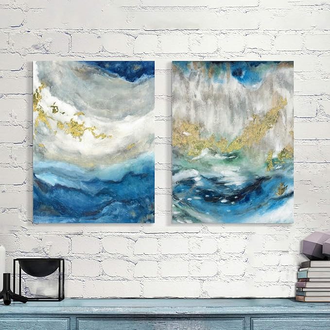 Hardy Gallery Abstract Painting Canvas Wall Art: Blue Picture Hand Painted Artwork for Living Room (24'' x 18'' x 2 Panels)