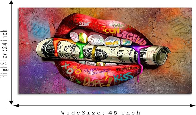 Large Size Canvas Sexy Red Lips with Rolled Dollar Wall Art Abstract Creative Modern Home Decor Artwork for Home Walls Large Prints Inspirational Framed Posters Gift Choice for Men and Women-48"Wx24"H