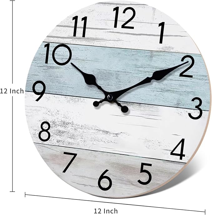 Wall Clock Silent Non-Ticking Wooden Clocks Battery Operated 12 Inch Small Country Retro Rustic and Beach Style Decorative for Living Room, Kitchen, Home,Bathroom, Bedroom (Blue)