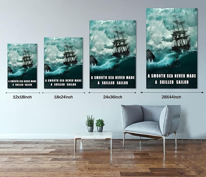 Motivational Wall Art Inspirational Quotes Pictures Inspiration Motivation Inspire Canvas Painting Sailing Ship Storm Posters Prints Home Decor for Office, Framed 28" x 44"