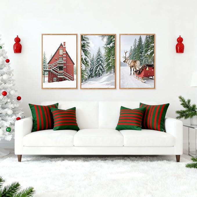 CHDITB Christmas Framed Canvas Wall Art(16"x24"), 3 Panels Farmhouse Winter Snow Forest Landscape Artwork Prints, Large Rustic Reindeer Sleigh Cabin Cottage Decor for Home Office Bedroom