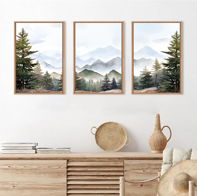 KAIRNE Framed Mountain Canvas Wall Art Set, Misty Forest Wall Decor, Green Pine Tree Wall Painting, Nature Widerness Landscape Art Print for Living Room, Bedroom, Study, Gallery - 24"x36"x3
