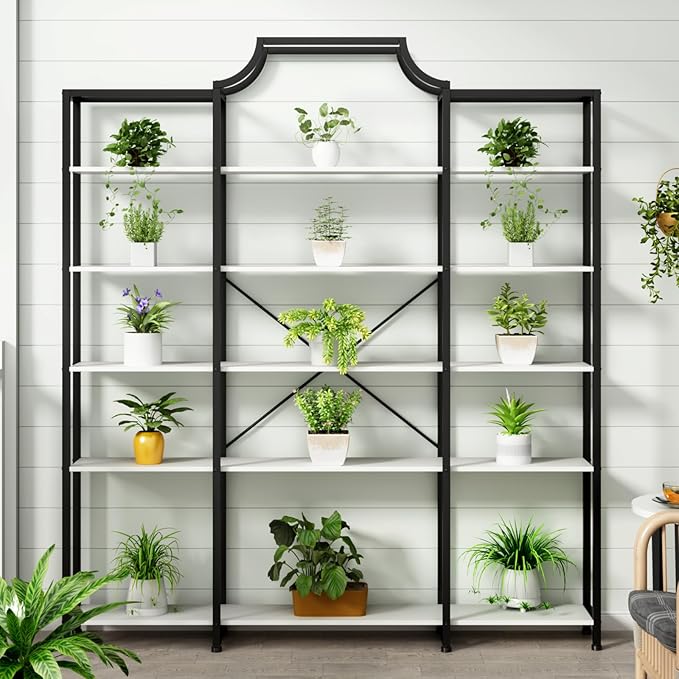 Auromie Triple Wide 5-Tier Bookshelf, 70.87" L x 79.13" H Extra Large Bookcase, Tall Open Etagere Display Shelf with Metal Frame, Freestanding Modern Storage Shelves for Home Office, Black&White
