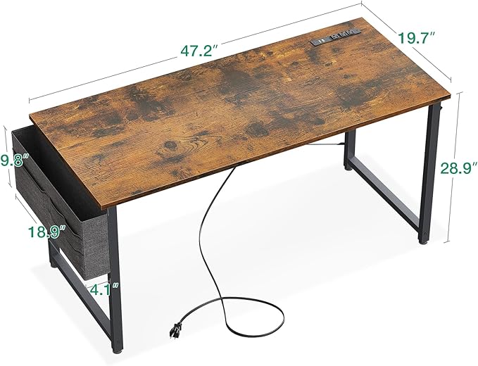 KKL Small Desk with Power Outlets and USB Port Computer Desk for Home Office Gaming Simple Modern Style Writing Desks with Storage Bag Headphone Hook, 48 inch, Rustic Brown