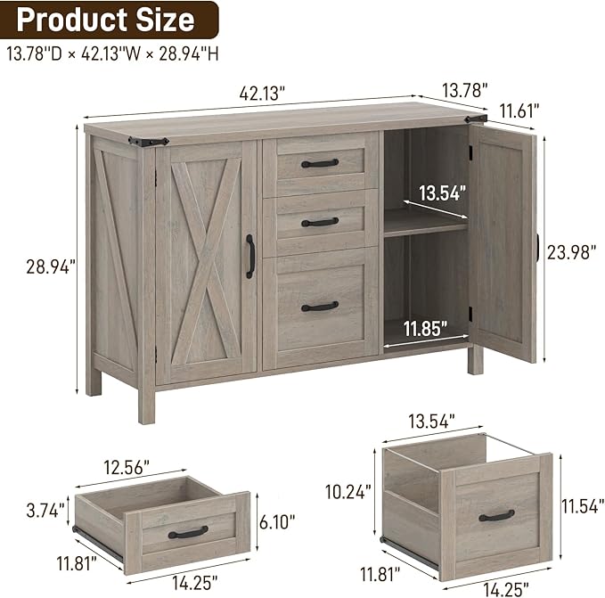Farmhouse File Cabinet with Doors, Lateral Filing Cabinet with 3 Drawers for Letter/A4 Size Hanging Files, Large Wooden Printer Stand with Adjustable Shelves for Home Office, Rustic Grey