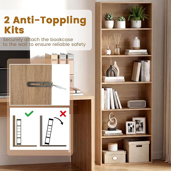 Tangkula 6-Tier Bookcase, 70” Tall Freestanding Bookshelf with 6 Open Shelves, Anti-Toppling Kits, Floor Display Storage Organizer for Living Room, Study, Kitchen, Home & Office (Natural, 70" H)