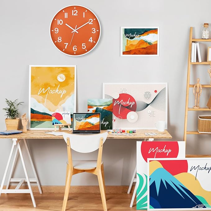 Foxtop Modern Wall Clock Silent Non-Ticking Battery Operated Round Quartz 12 Inch Wall Clock for Bedroom Living Room Kitchen Home School Office Decor (Orange & White)