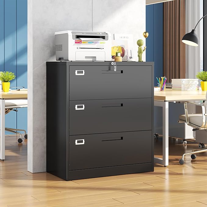 Metal 3 Drawer Lateral File Cabinet with Lock, Wide&Deep Black Filing Cabinet for Letter/Legal/F4/A4 Hanging Files, Includes Business Card Holder, Home Office School Storage