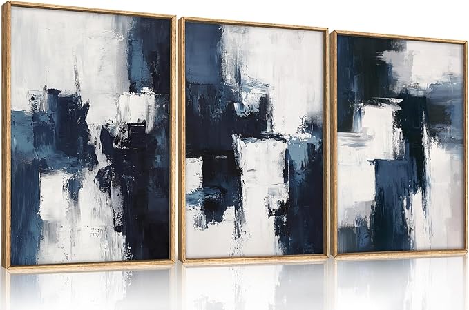 HLNIUC Navy Blue Abstract Wall Art Set of 3, Gray White Modern Neutral Art Decor(24x36), Minimalist Brush Strokes Wall Painting, Dark Geometric Textured Canvas Prints for Living Room, Bedroom, Office