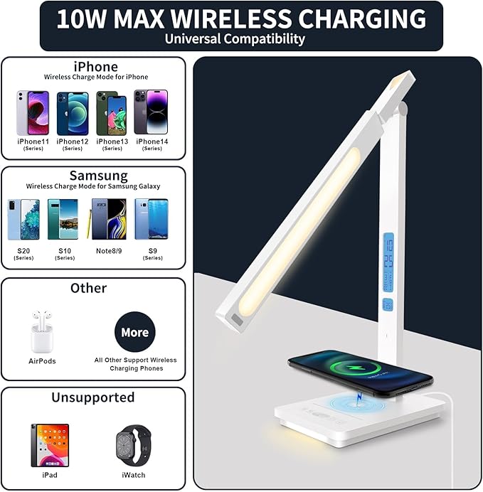 10 in 1 Smart Desk Lamp Led, Desk Light for Colleage Drom Room Office, Eye-Caring Table Lamp with Night Light, Lamp for Desk with 10W Wireless Charger, Dimmable Touch Lamp, Birthday Gifts for Women
