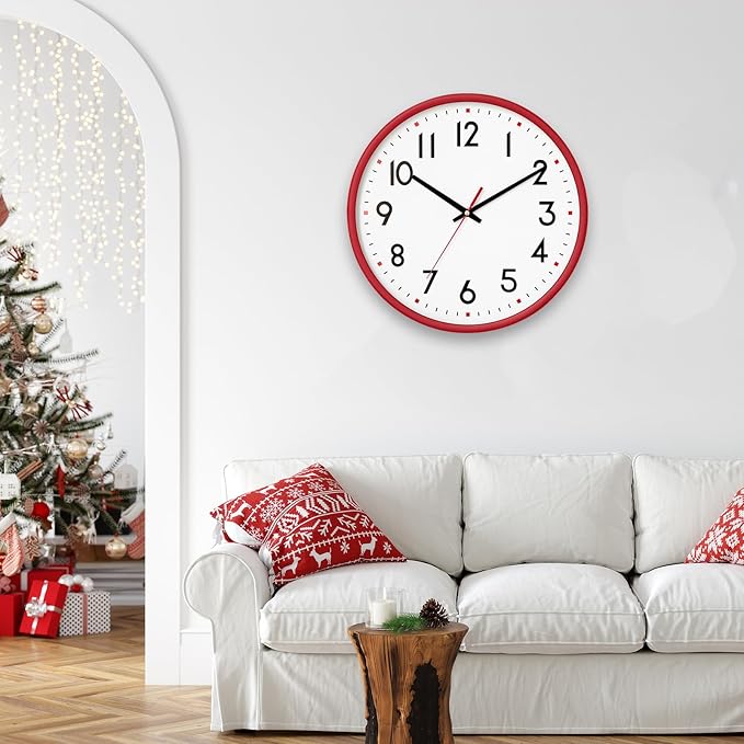 HZDHCLH Wall Clock Red,Silent Wall Clocks Battery Operated 10 Inch Modern Non Ticking Analog Clock Decorative for Kitchen Bedroom Living Room Office Classroom