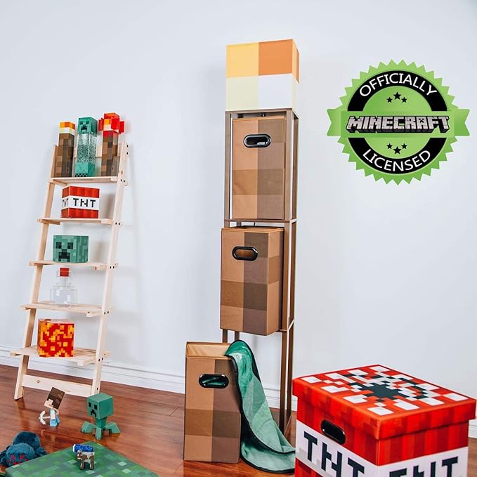 Minecraft Brownstone Torch 5-Foot Standing Floor Lamp and Storage Unit | Includes 3 Cube Organizer Storage Bins
