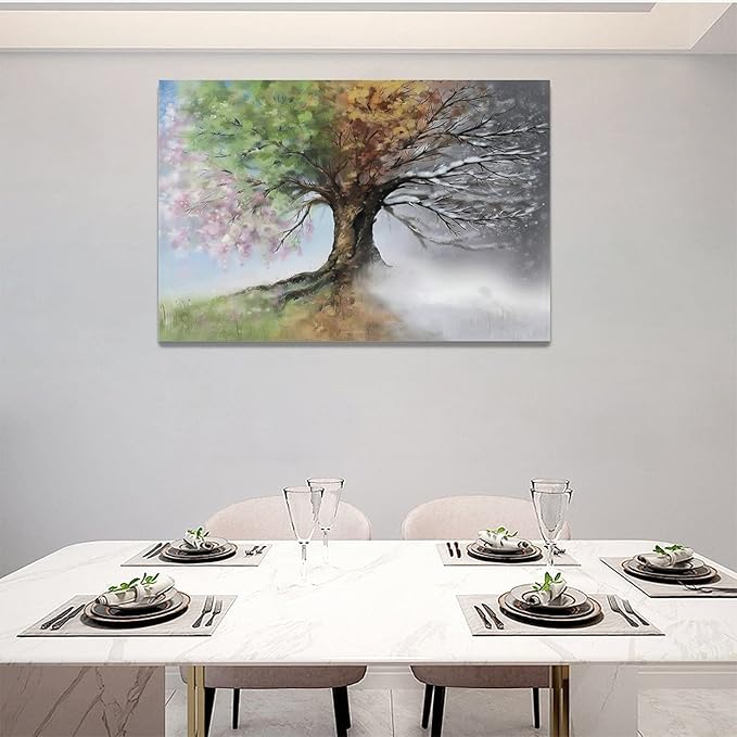 yerretin Tree of Life Wall Art Colorful Country Trees Pictures Wall Decor Rustic Four Season Canvas Painting Modern Artwork Home Decorations for Bathroom Living Room Bedroom Office Framed 24"x16"
