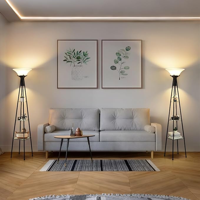 Floor Lamp with Shelves, 69” Tall Shelf Lamp with Remote Control, 3-Tier Glass Shelf Lamp, Dimmable Torchiere Floor Lamps for Living Room, Bedroom, Office, Adjustable Color Temperatures Bulbs Included