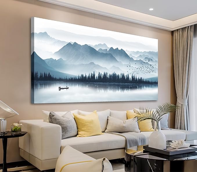 arteWOODS Indigo Canvas Wall Art Misty Mountain Wall Pictures Foggy Lake Boat Painting Print Blue Forest Birds Artwork Wall Decor for Living Room Wall Decorations Framed Ready to Hang 29" x 58"