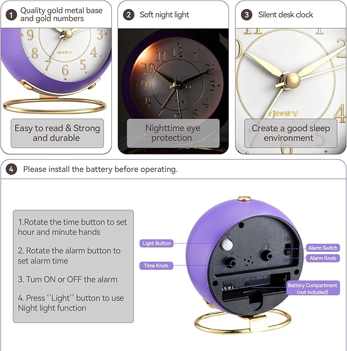 Metal Desk Alarm Clock, Retro Bedroom Table Vintage Analog Silent Non-Ticking Gold Alarm Clock, Bedside Decor(Violet Purple)