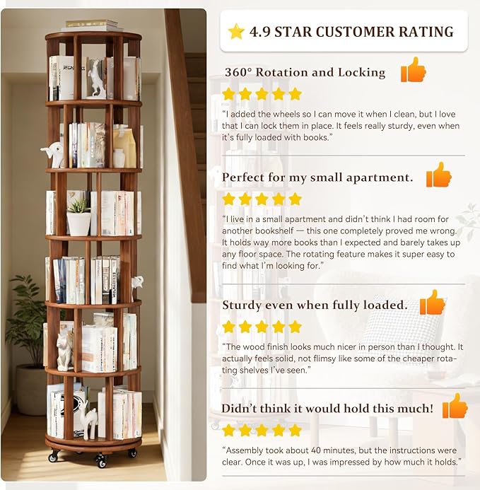 Rotating Bookshelf Towers Solid Wood Revolving Bookcase 6 Tier Tall Spinning Book Rack on Wheels Vertical Corner Book Organizer for Small Apartments, Bedrooms, Living Rooms, Reading Nooks, Hallways