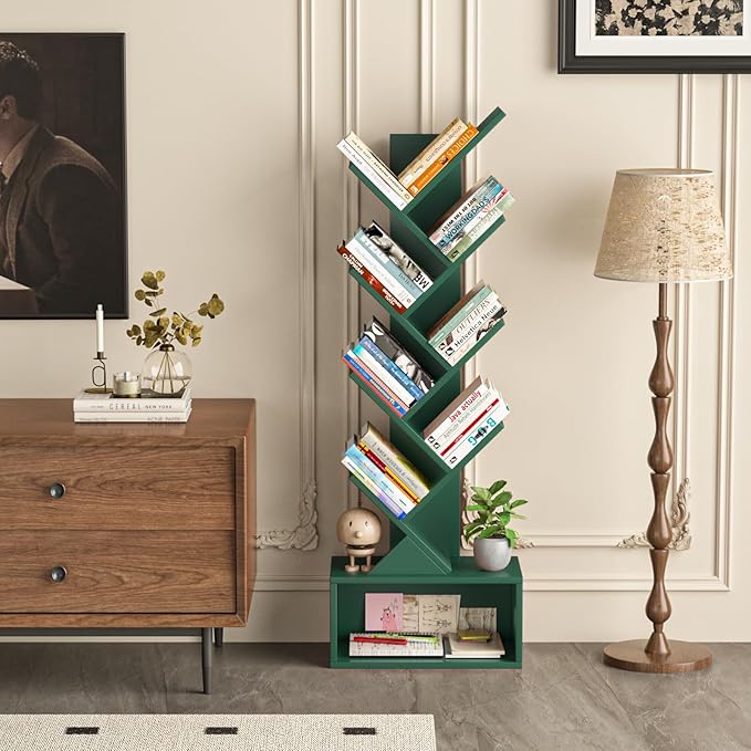 9 Tier Tree Bookshelf,Christmas Green Bookcase for Narrow Space, Storage Organizer Floor Standing Bookshelves for Books, Tall Book Case for Home Office, Living Room, Bedroom
