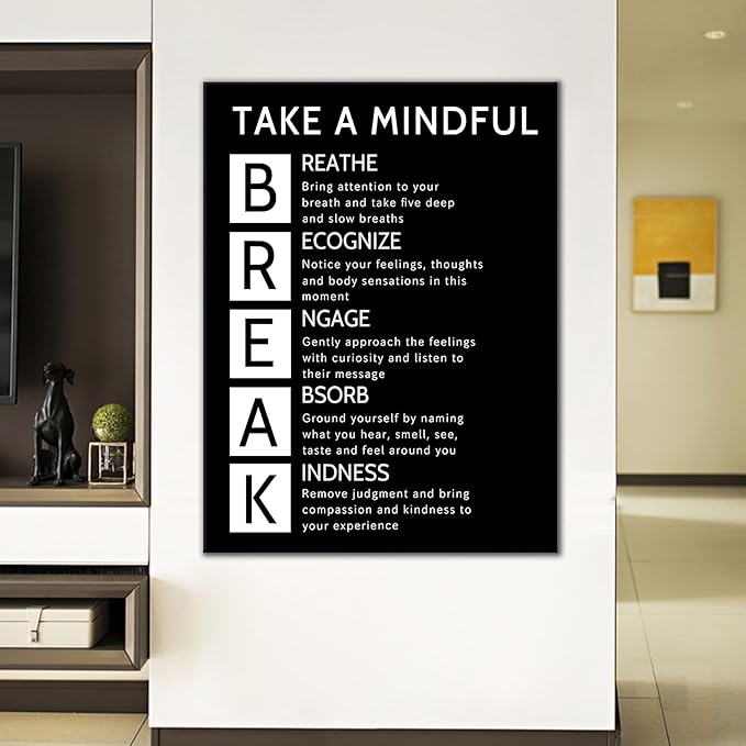 Inspirational Canvas Wall Art Office Poster Decor Motivational Take A Mindful Break Quotes Poster Print Positive Picture Artwork for Home Study Room Bedroom Yoga Room Ready to Hang [12''Wx18''H]