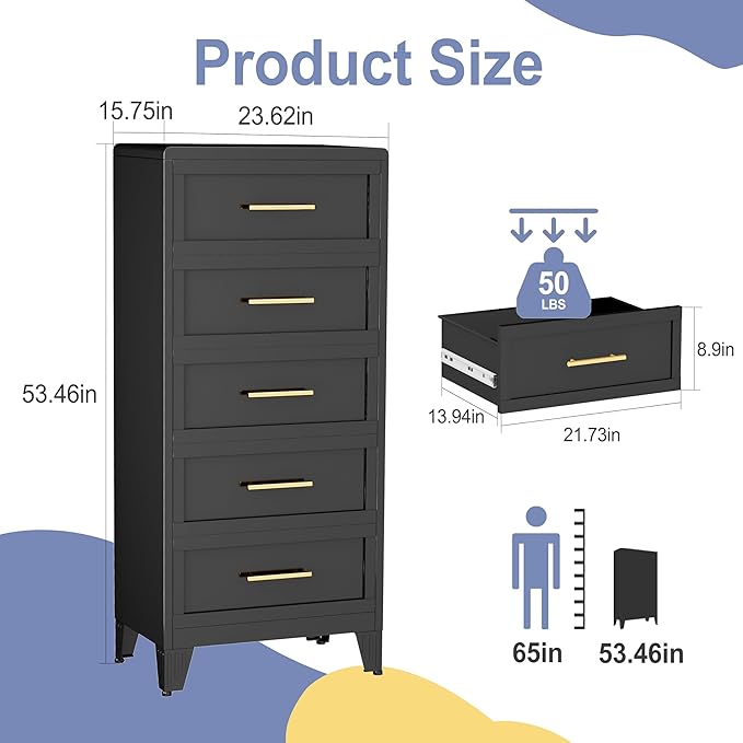 53.46" Tall Dresser for Bedroom 5 Drawers, Metal Dresser Chest of Drawers, Circular Drawer Cabinet for Home,Filing Cabinet with Drawers for Office (Black)