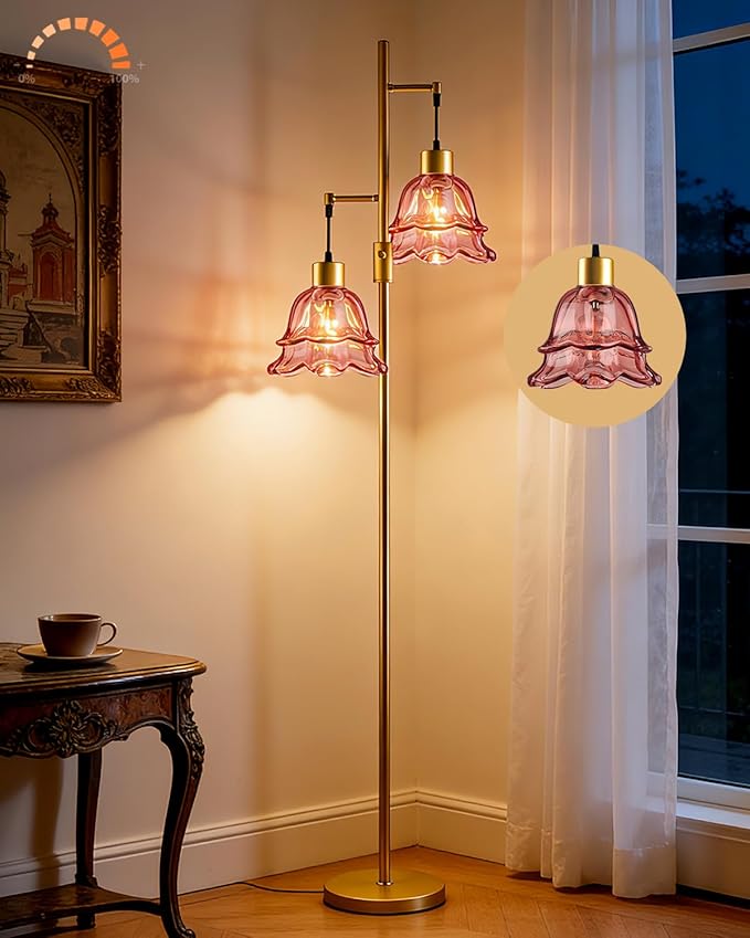 Lightdot 65IN Gold Flower Floor Lamp for Living Room, 2- Light Dimmable Floor Lamps with Deep Red Glass Lampshade,3000K Warm White Modern Standing Tall Lamp for Bedroom Sofa Beside Corner Decor