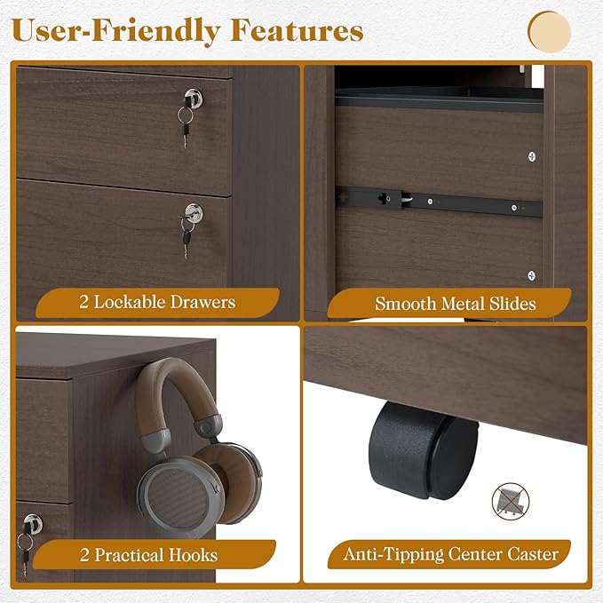 LOKO Mobile File Cabinet with 3 Drawers, Wooden Rolling Filing Cabinet with Lock, Under Desk File Organizer for A4/Letter/Legal Size, for Home Office, Study (Brown)