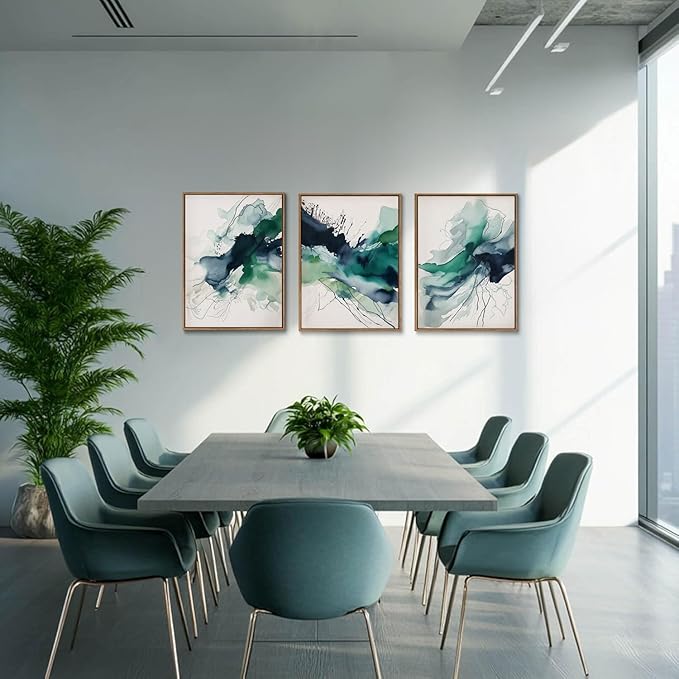 myusuar 3 Piece Large Abstract Framed Wall Art For Living Room, Smoke Texture Ink Emerald Green Canvas Wall Art Modern Minimalist Art Prints Wall Décor For Bedroom Office 12x16in