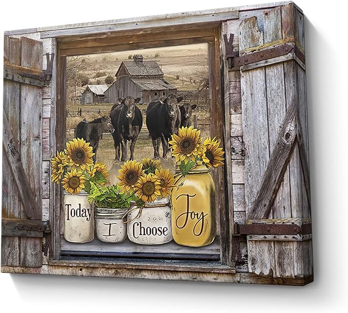 Parylore Sunflower Mason Jars on Rustic Window Wall Art Angus Cows Kitchen Decor Farmhouse Picture Framed Modern Artwork For Living Room Bedroom Home 16x20 In