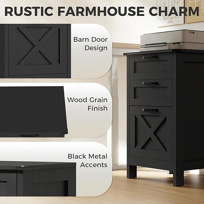HOMCOM 3 Drawer File Cabinet with Silent Slides, Vertical Filing Cabinet for Hanging A4/Letter Size, Rustic Farmhouse Printer Stand with Storage for Home Office, Distressed Black