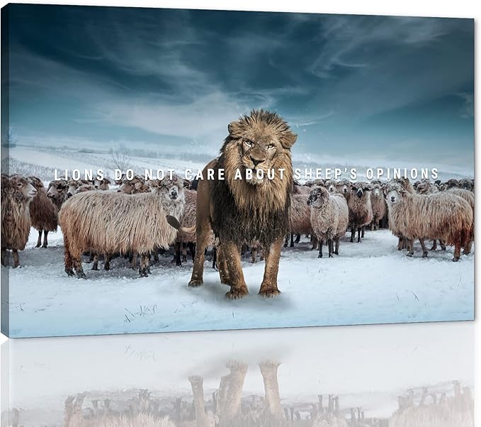Lion Do Not Care About Sheep's Opinions-Motivational Successful Entrepreneur Quotes Wall Art Inspiring Office Decor for Walls Lion and Sheeps Artwork for Office Framed Easy to Hang, 44" Wx28 H
