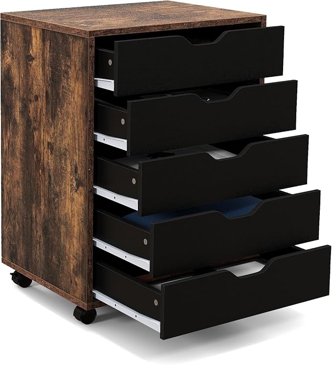 5 Drawers File Cabinet, Vertical Filing for Home Office, Mobile Under Desk Storage With Wheels, Modern Chest of Drawers for Bedroom (Rustic Brown)